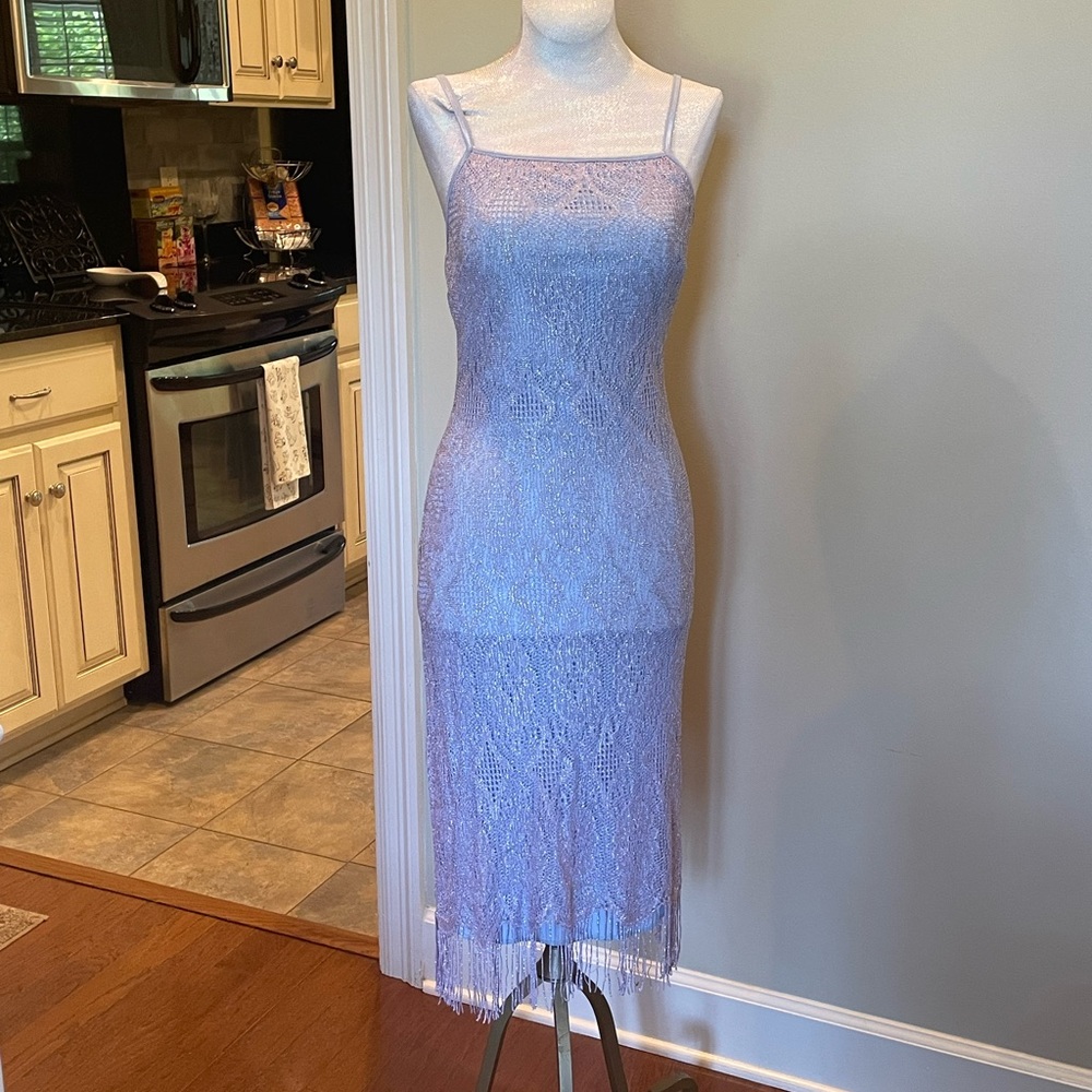 Periwinkle shimmer dress with fringe.